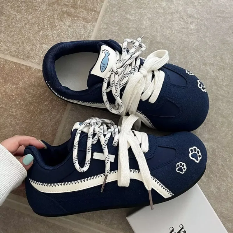 Women Retro German‑Trainer Sneakers,Color‑Block Lace‑Up Shoes,Cute Paw Print Decoration,Soft‑Sole Light‑Weight Casual Board Shoe