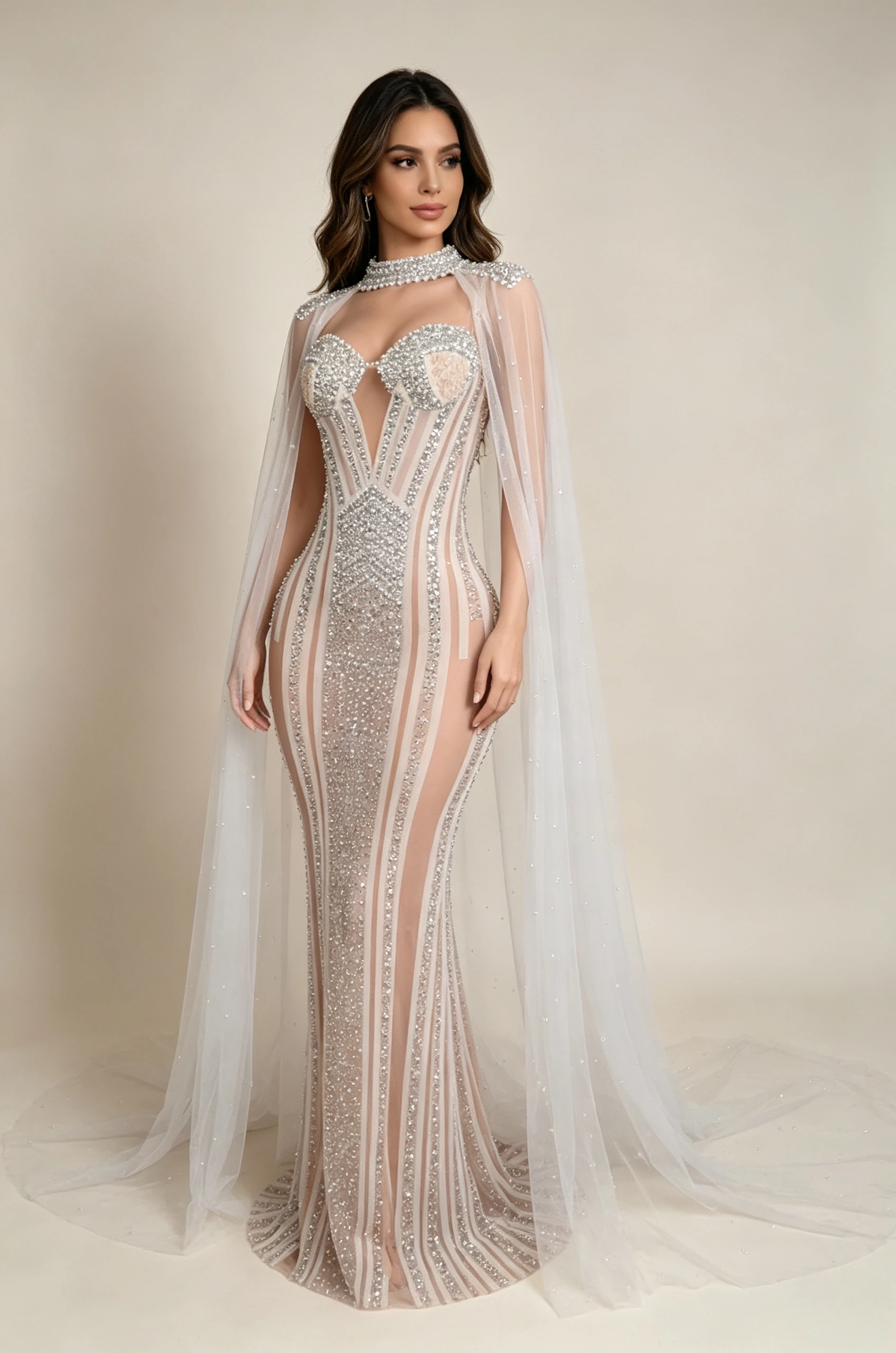 Luxury Women's Diamond Mesh Cloak Long Dress Nightclub Bar Singer Stage Wear Prom Host Birthday Queen Evening Dress