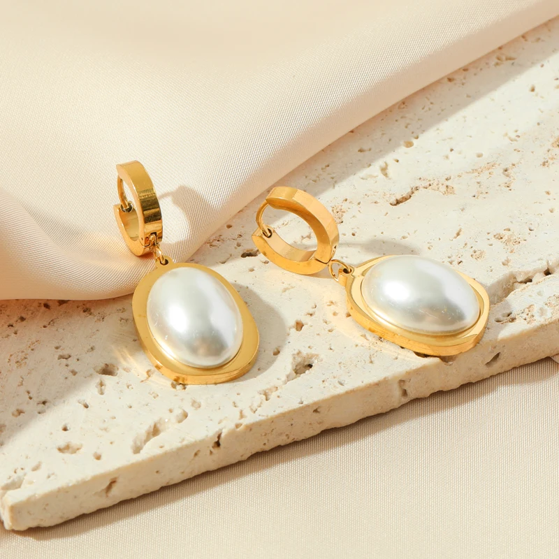 EILIECK 여성용 대형 타원형 진주 펜던트 귀걸이, 316L 스테인리스 스틸, 패션, 방수 이어 버클, 쥬얼리 선물, 파티