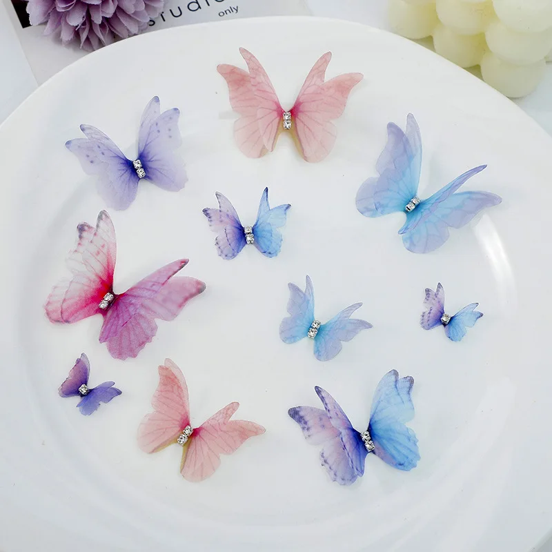 100pcs Gradient Color Organza Fabric Butterfly Appliques 50mm Translucent Chiffon Butterfly For Party Decor, Doll Embellishment