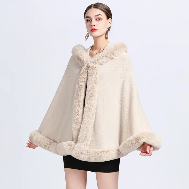 

Winter Thick Faux Fur Collar Outside Cloak Women Warm Soft Cashmere Poncho Cappa Big Pendulum Loose Shawl Coat With Hat