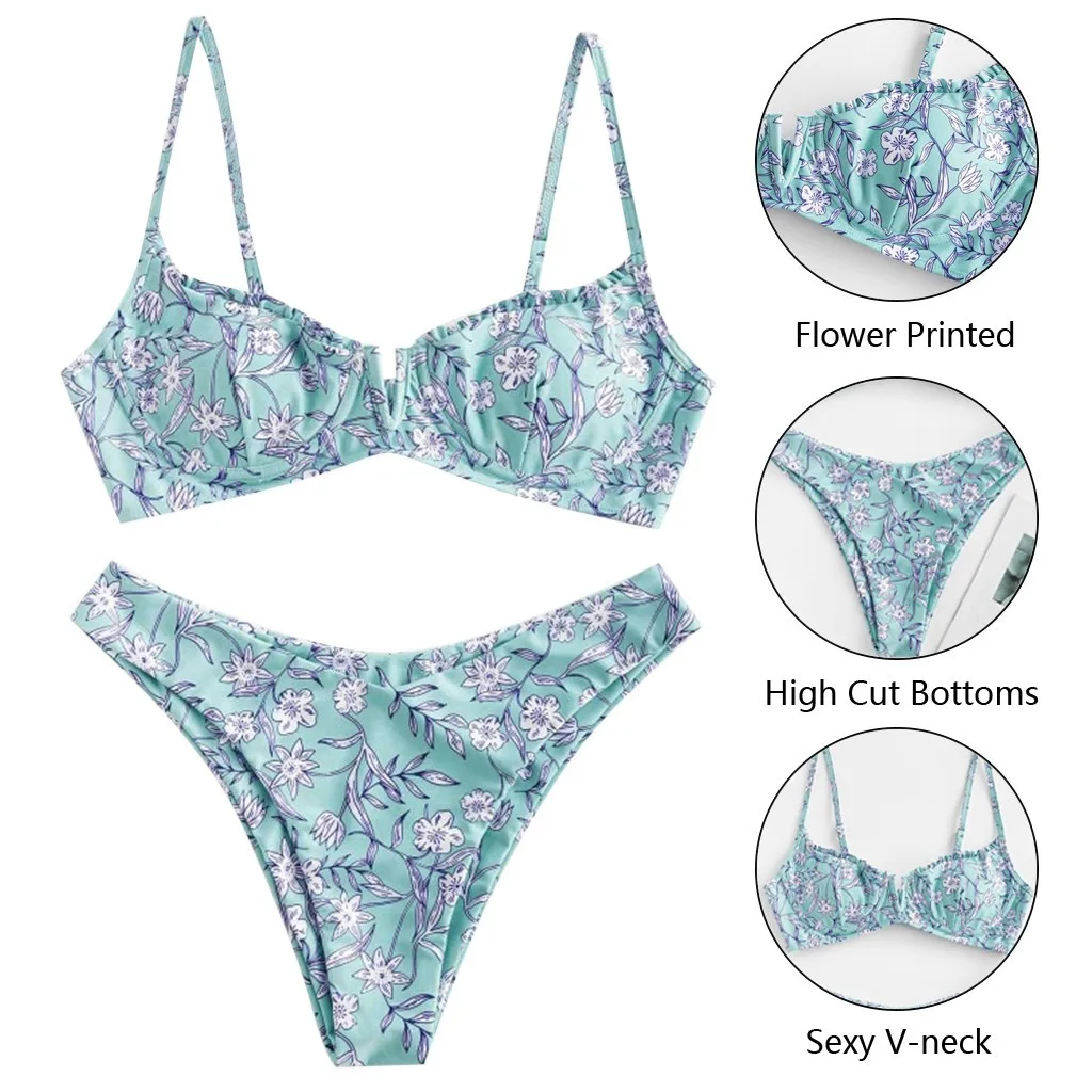 Plus Size Women Swimsuit Flower Printed High Cut V Neck Two Pieces Swimsuit Beachwear Swimwear Women Summer Beach Bikini Set