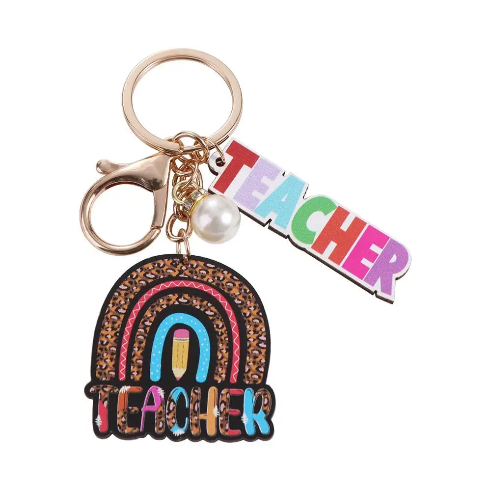 Wooden Teacher's Day Keychain English Letter Geometric Shape Text Keychain Pendant Rainbow Notebook Pen Holder Key Ring