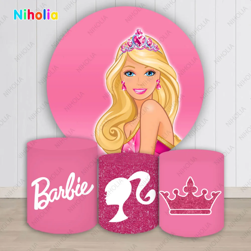 Barbie Princess Backdrop Pink Kid Birthday Decoration Round Photography Background Party Cover Baby Shower Studio Booth Props