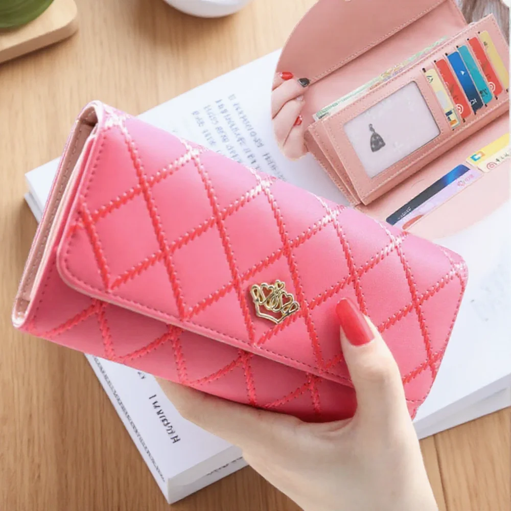 

Cute Pink Wallet for Women Plaid PU Leather Long Purse Pocket Money Coin Bag Hasp Phone Holder Stylish Design