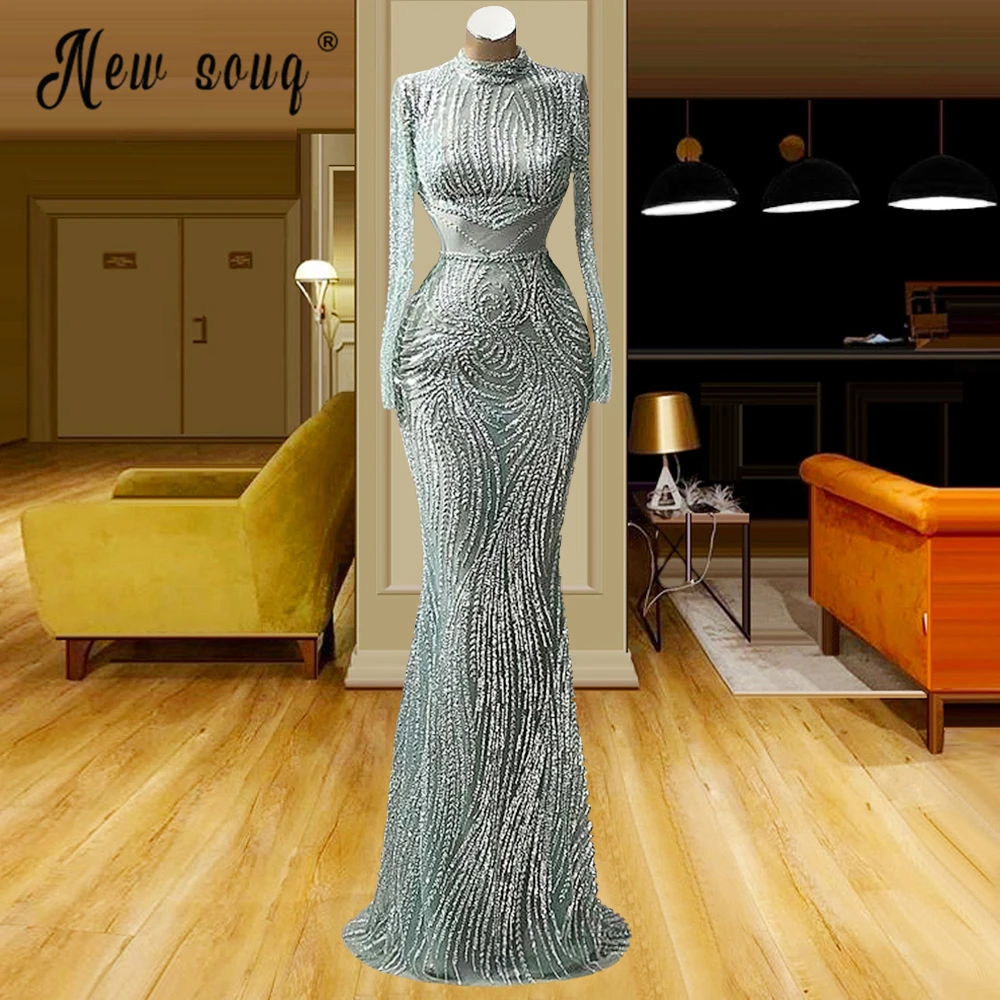 Plus Size benutzer definierte Salbei grün High Neck lange Ärmel Abendkleid muslimische Frauen Hochzeits feier Kleider arabische Roben Abschluss ball فساتبن س카رة