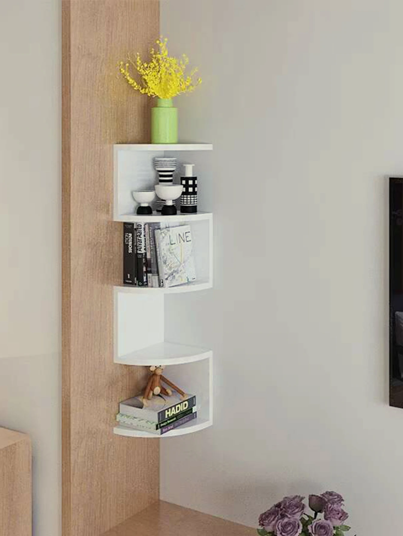 5-stufiges Regal, schwebende Eckregale, Wandregal, Eckbücherregal, Heimküchen-Organizer, Aufbewahrung, Wohnzimmer-Dekorationen – Detail 1