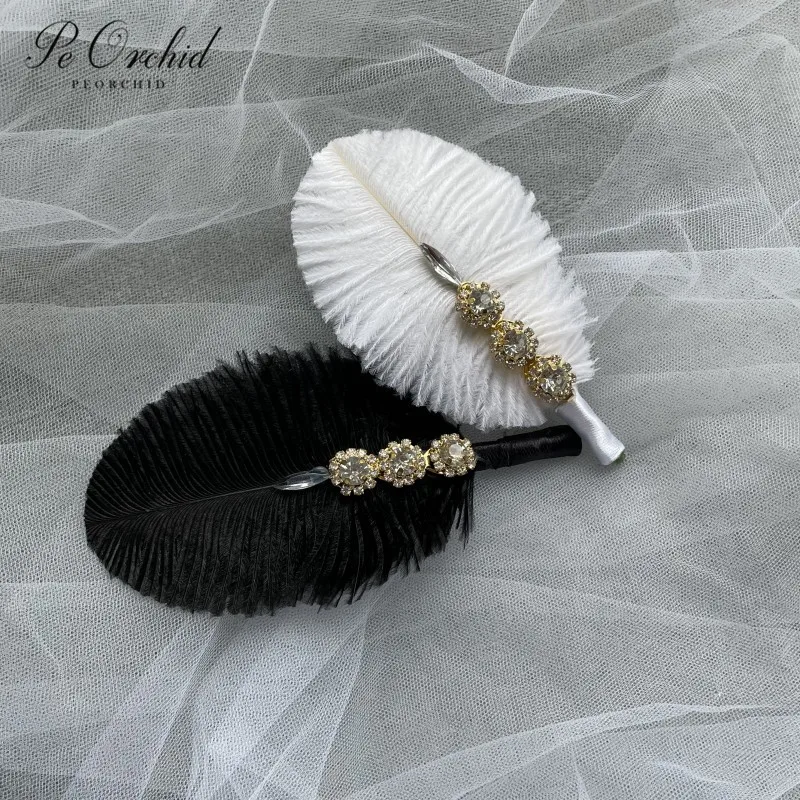 

PEORCHID Wedding Feather Boutonniere Luxury Crystal Buttonhole Groom Flower Groomsman Gift Corsage Bloem Prom Tuxedo Accessories