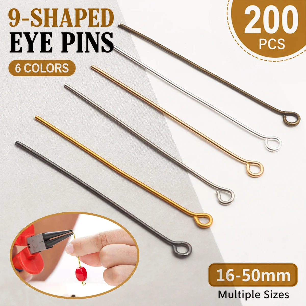 200Pcs 9-Pin Eye Pins Set 6 Colors 8 Sizes 16-50mm Metal Loop Pins for Jewelry Making Earrings Bracelets Necklace DIY Craft Conn
