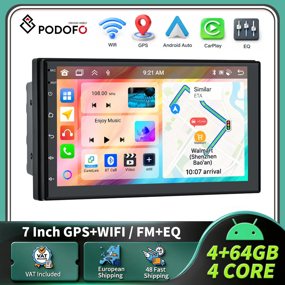 Podofo 2DIN Kabelloses Carplay Androidauto Android 4+64G 7/9/10'' Autoradio IPS-Bildschirm Bluetooth WIFI GPS Multimedia-Player