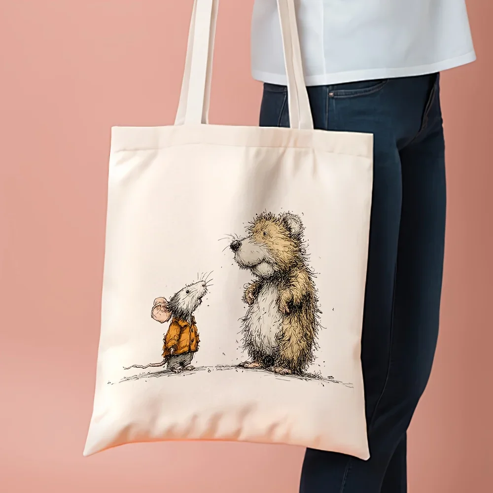 1pc, Hedgehog Illustration Canvas Tote Bag Grocery Bags (35.05cm x 40.13cm), Stylish Shopping Bag for Daily Use, Commuting, Beac