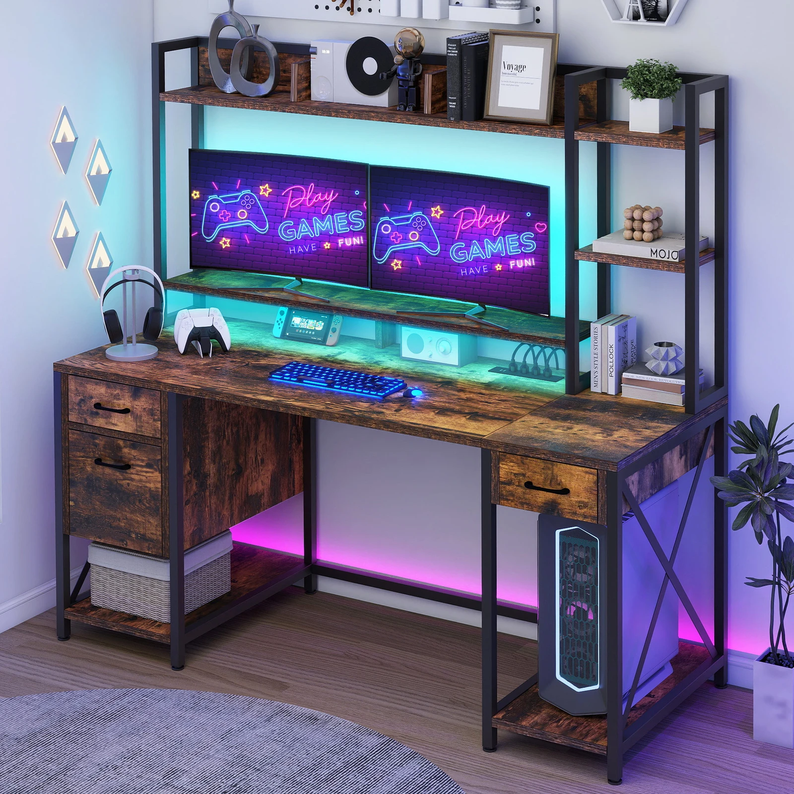 

LED Gaming Desk Computer Desk with File Drawer & Power Outlets & Storage Shelves