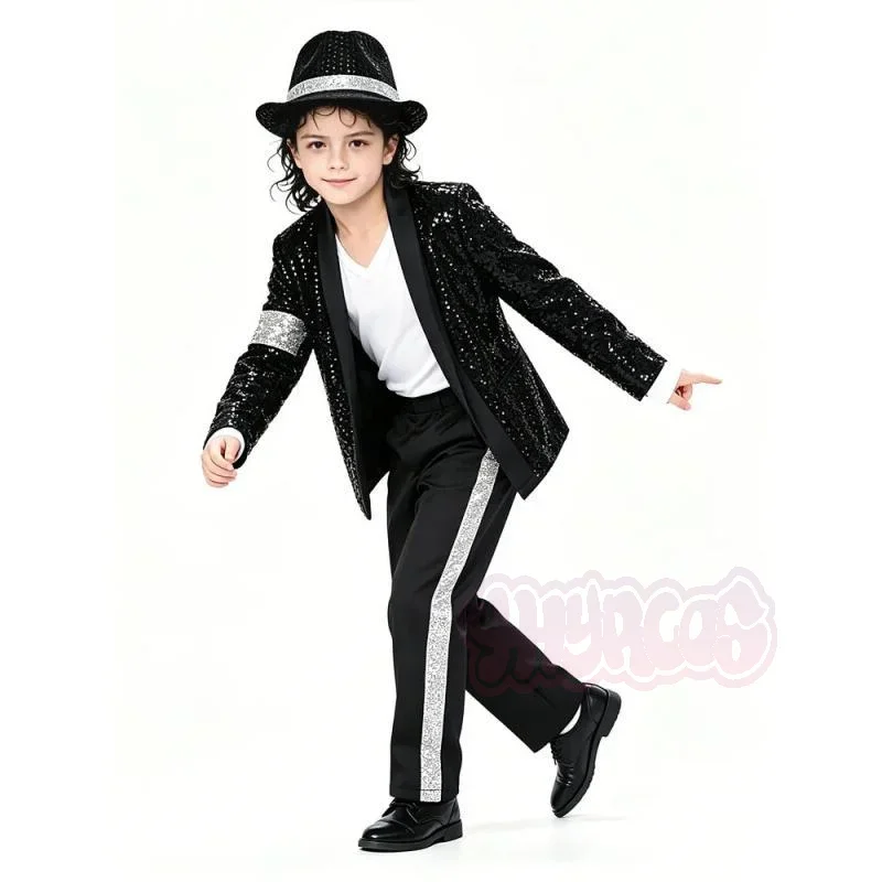 Pop Michael Jackson Teen Costume Cosplay Dance Black Suit Dance Disco Halloween Clothing glitter Stage Outfits - Image 3