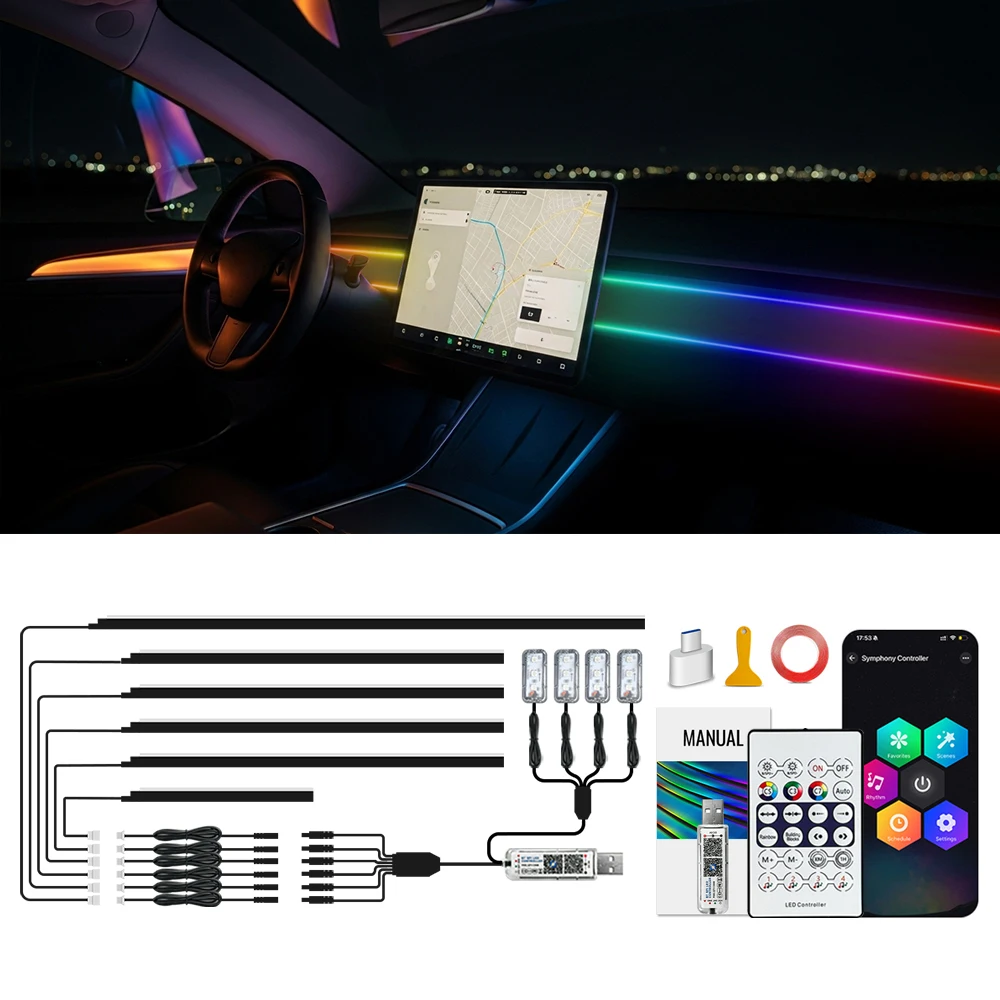 

Acrylic APP Controlled Car LED Interior Lights, Multicolor Waterproof EL Wire Kit with Under Dash Footwell Ambient Lighting