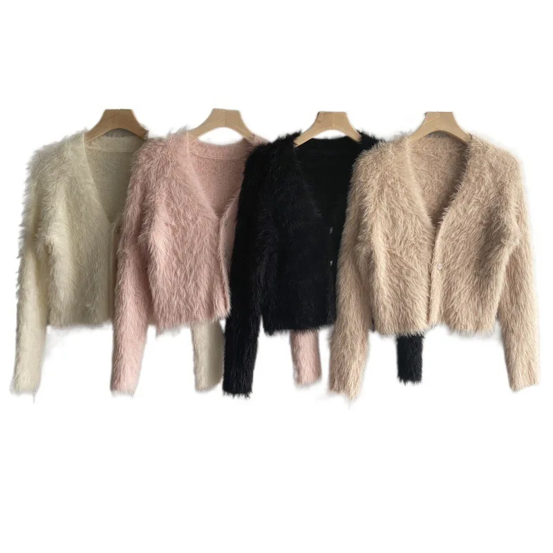 Vêtements en fourrure de vison doux pour femmes, avec une coupe paresseuse de style printemps et automne Espèrement Cardigan court pour Oupillar, Pull