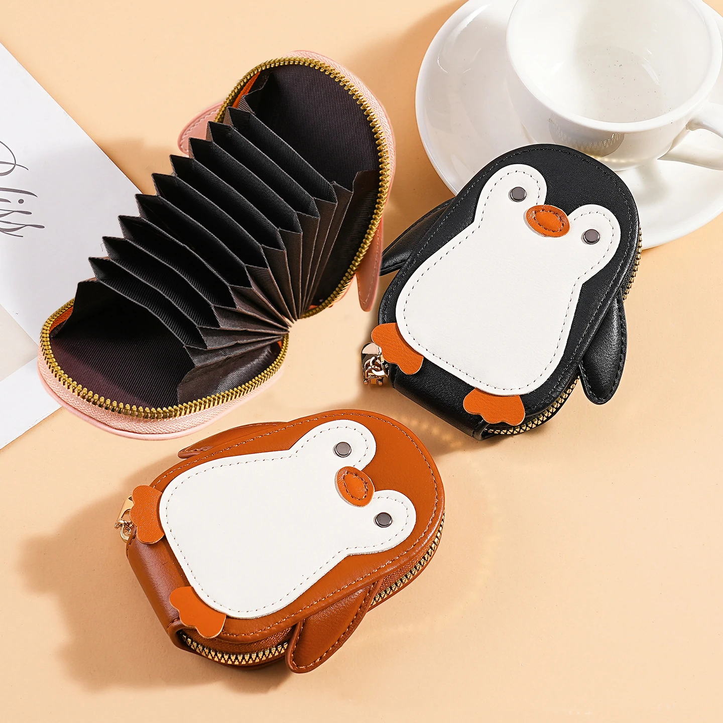 Pinguin-PU-Kreditkartenetui mit Reißverschluss, tragbare Kartenhalter-Geldbörse, Akkordeon-Kreditkartenetui mit mehreren Fächern für Damen