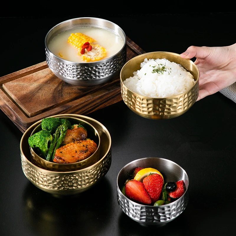 304 Stainless Steel Rice Bowl Korean Double Layer Anti-scalding Salad Soup Bowl Hammered Golden Ramen Bowls Kitchen Tableware