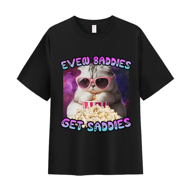 

Футболка с забавным мемом «Даже злые коты становятся грустными» для мужчин и женщин, модная, оверсайз, 100% хлопок, уличная одежда