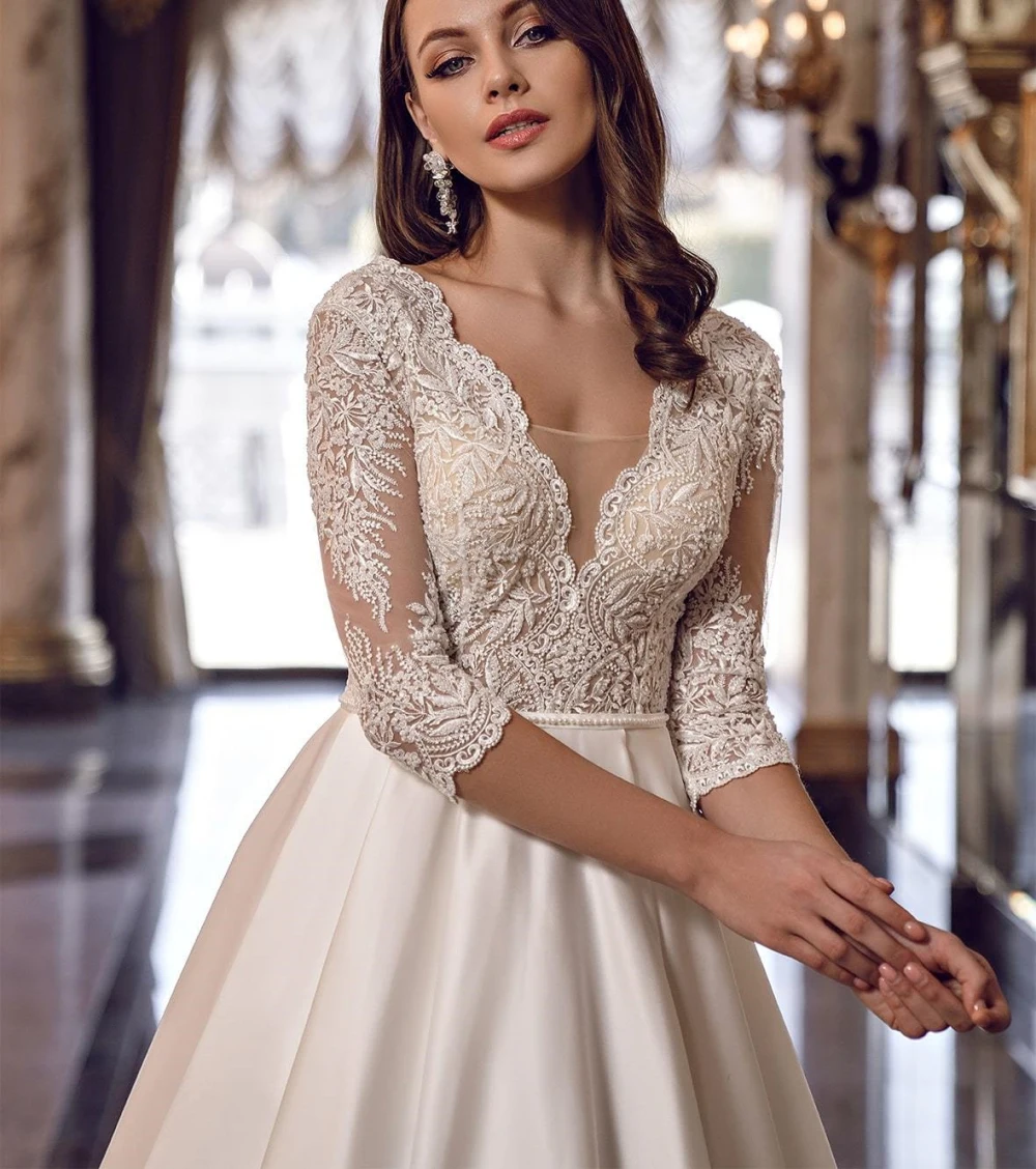 Abito da sposa elegante personalizzato con applicazioni in pizzo A Line Dubai arabo mezza manica con scollo a V abito da sposa principessa De Noiva YAW56