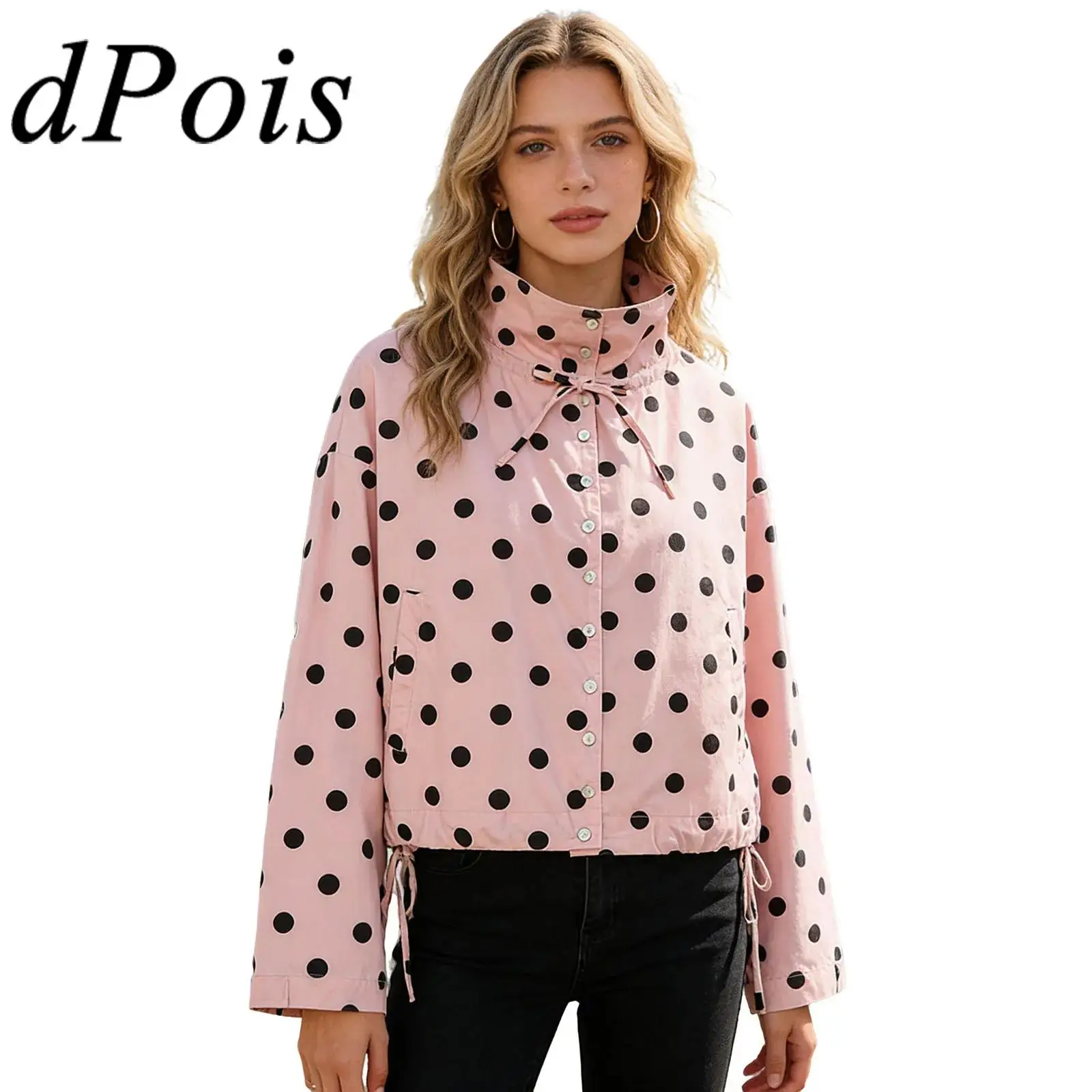 

Womens Polka Dot Thin Outwear High Street Jacket Stand Collar Long Sleeve Front Button-down Drawstring Cropped Jacket Coat
