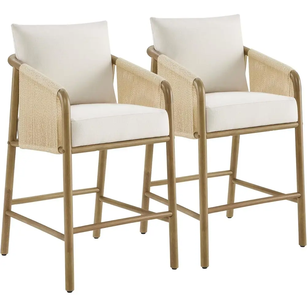 

Cream Fabric Upholstered Rope Counter Height Barstools Set of 2 with Back & Armrests, for Kitchen Island or Home Bar