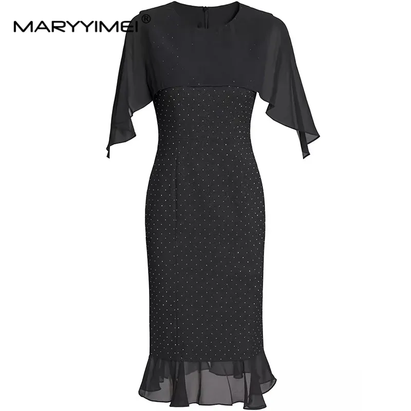 

MARYYIMEI Summer Women's Basic Office Work Dress Cloak Sleeves Pretty Slim-Fit Hip Wrap Commuter Temperament Straight Dresses