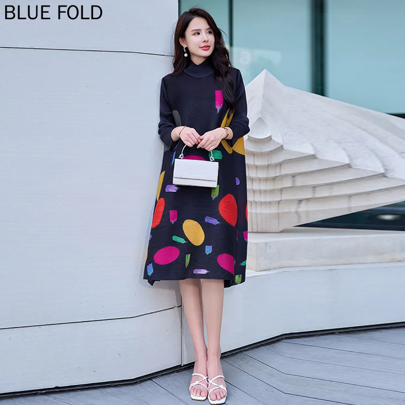 

Miyake Pleated Polka Dot Dress for Women, High-End Slimming Temperament, Colorful Commuting, Summer Pullove PLEATS, High Quality