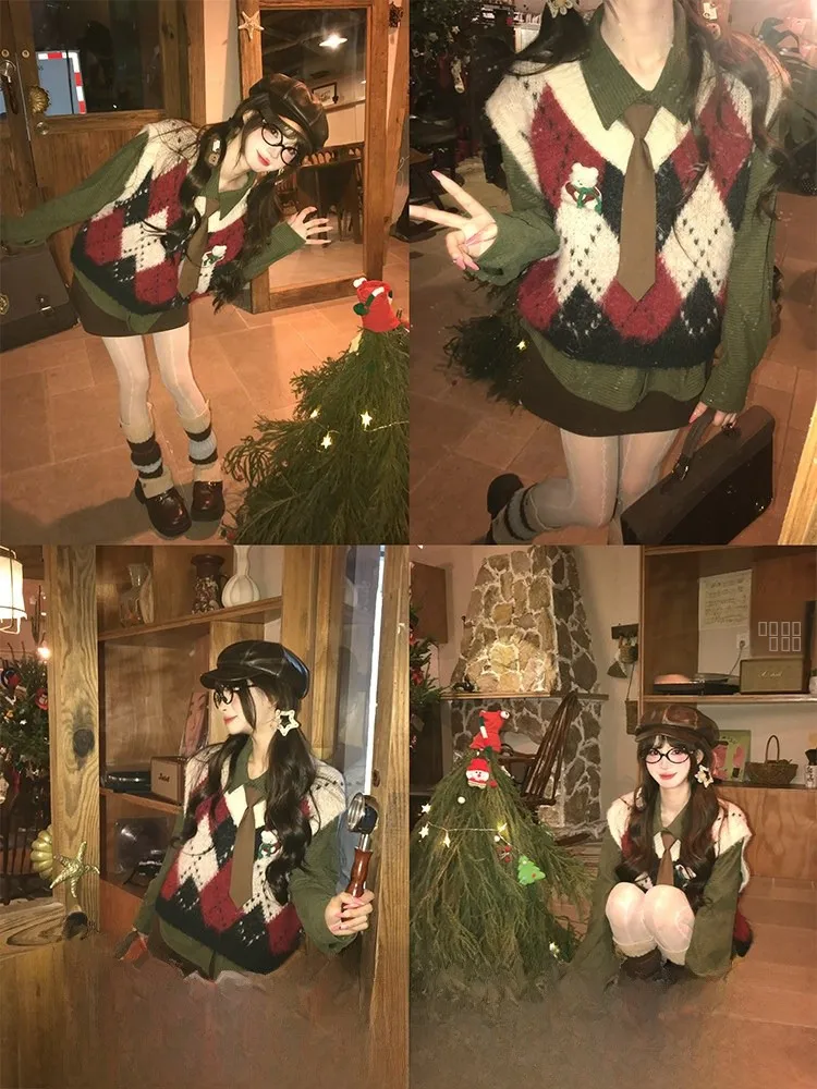 

Retro College Sle Diamond Pattern Knitted Sweater Vest Women's Winter New Year's Outfit Plaid Bear Design Polyester Blend