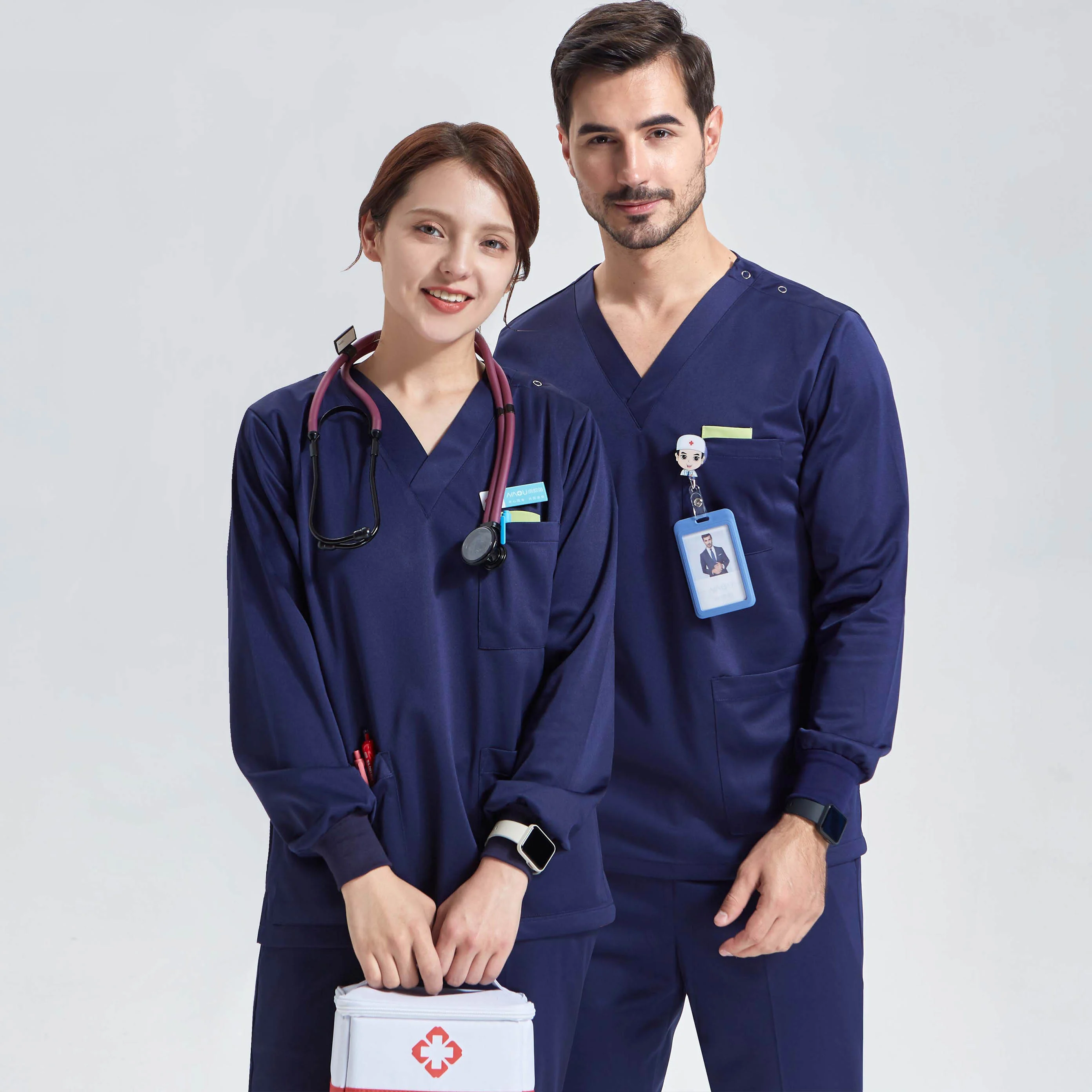 

Silky Long Sleeve Medical Uniform Scrub Set Women Man Scrubs Nursing Scrubs Top and Pant Drawstring Beautician Workwear 301-20