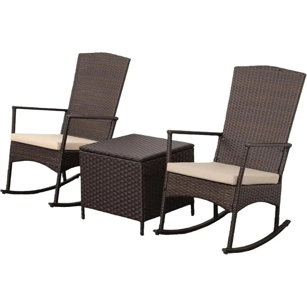 

3-Piece Outdoor Wicker Rocking Chair Set with 2 Armchairs and Storage Side Table, Washable Khaki Cushions