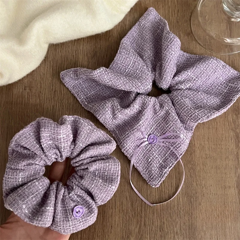 New Scrunchies Autumn Winter Mashed Taro Purple Large Hairbands Button Bow Sweet Hair Rope Square Towel Band Accessories Women