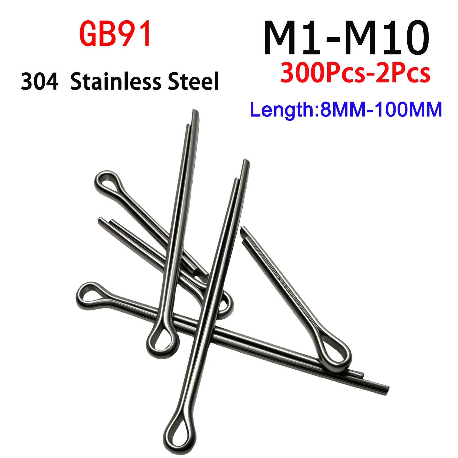 

2-300Pcs GB91 Split Pins Fixings 304 Stainless Steel M1 M1.5 M2 M2.5 M3 M3.2 M4 M5 M6-M10 Link Split Cotter Open Elastic U Pin