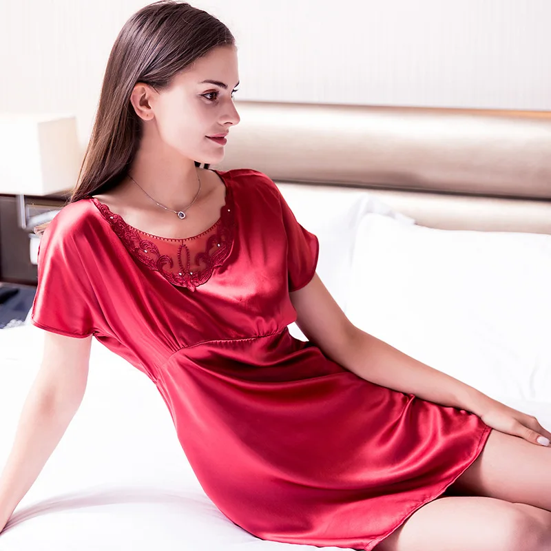 Women's Fashion New Heavyweight 100% Natural Mulberry Silk Satin Solid Color Short Sleeved Sexy Lace Nightgown