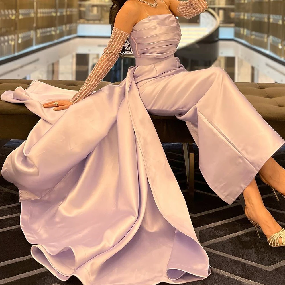 

Изысканное драпированное плиссированное прямое вечернее платье без бретелек длиной до пола, атласное платье со съемными рукавами, нерегулярное платье Vestido De F