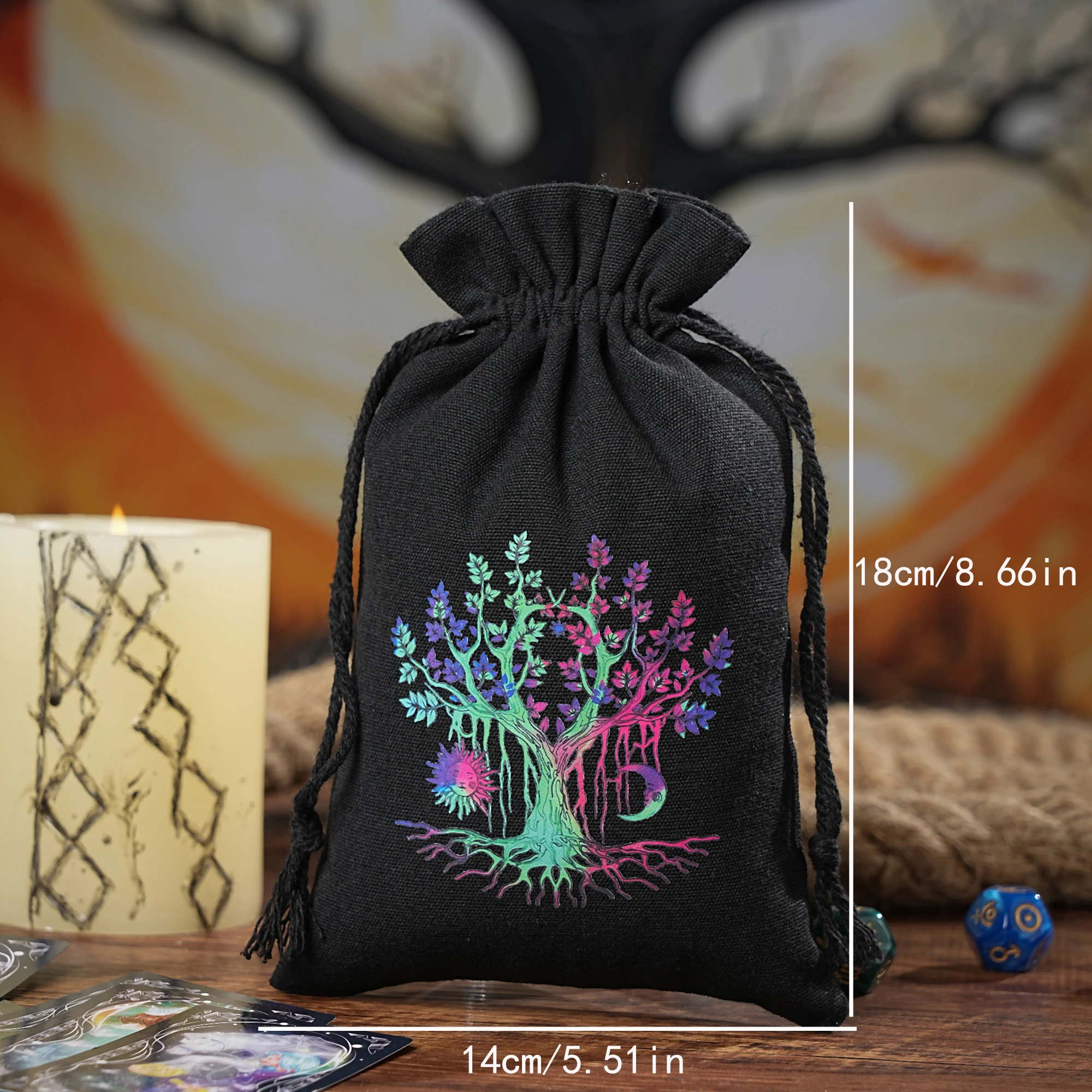 1Pcs 14x22cm Tarot Card Storage Bag Tree of Life Moon Phase Runes Pattern Witch Divination Tarot Pouch for Dice Cosmetic Jewelry