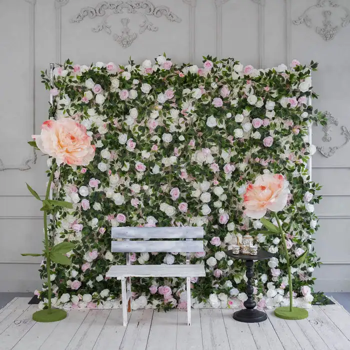 3D luxury pink White rose Peony green leaf fabric artificial flower wall Green turf plants outdoor wedding background decoration