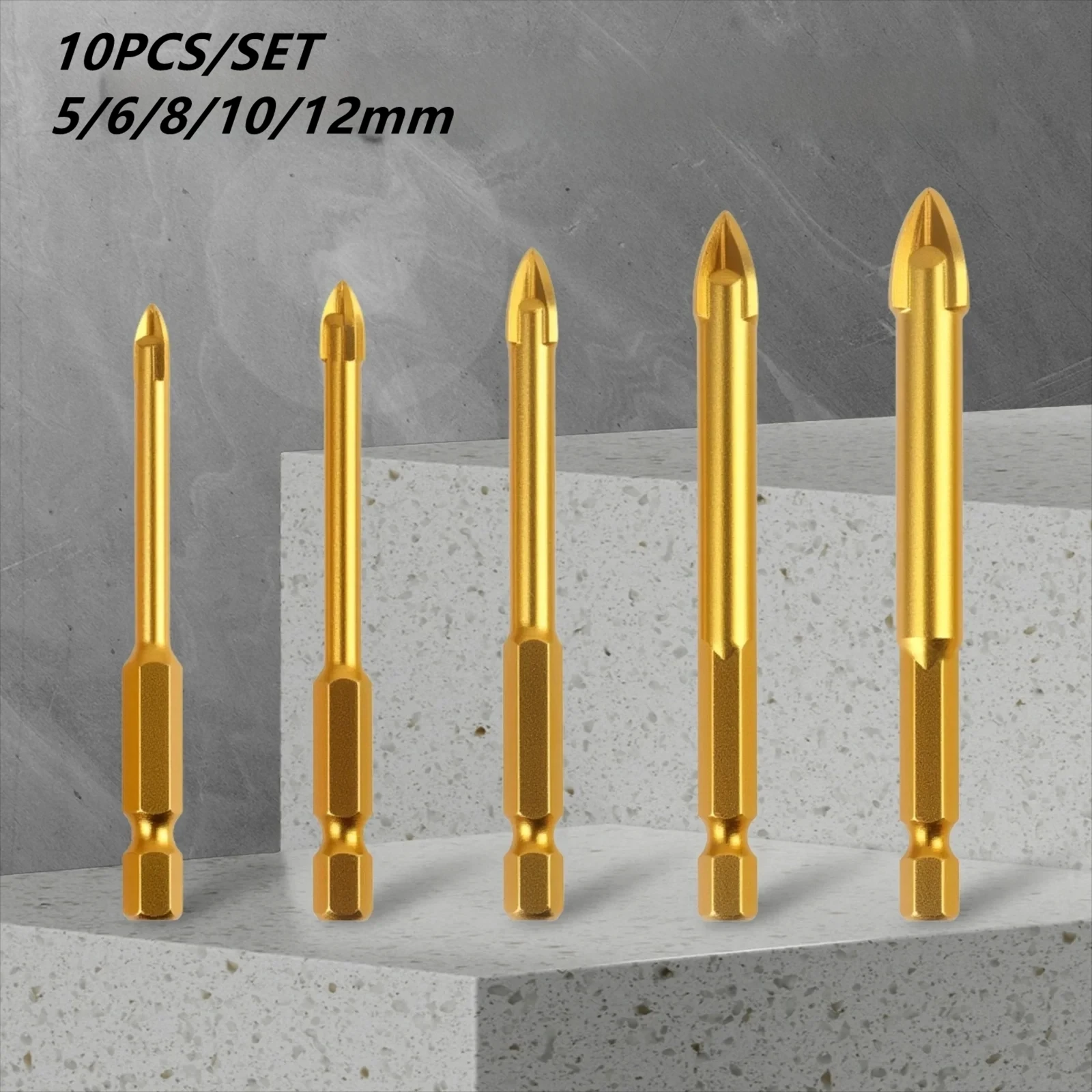 

Набор сверл с крестообразной головкой копья, 5/6/8/10/12 мм, сверла из сплава с титановым покрытием, шестигранный хвостовик для плитки, стекла, цемента, металла, керамики, пластика