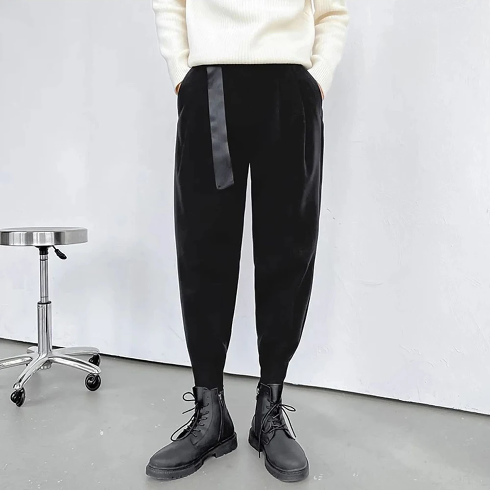 Mens Y2k Harem Pants With Cuffs For Autumn Winter Korean Style Fashion Trend Solid Color All-Match High-Grade Woolen Trousers