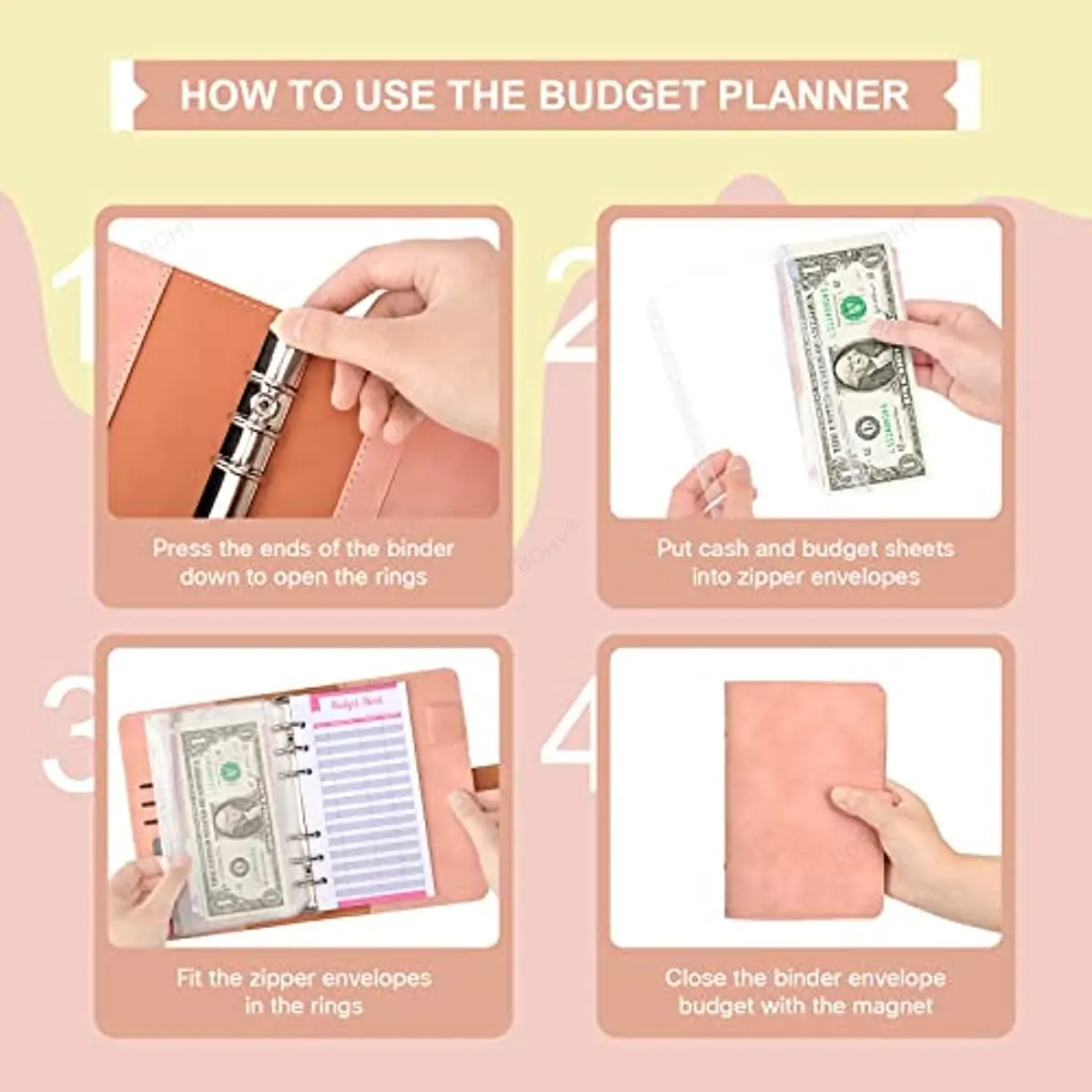 A6 Binder Budget Planner Notebook Covers Folder A6 Size 6 Hole Binder Pockets Plastic Binder Zipper Money Saving Envelope