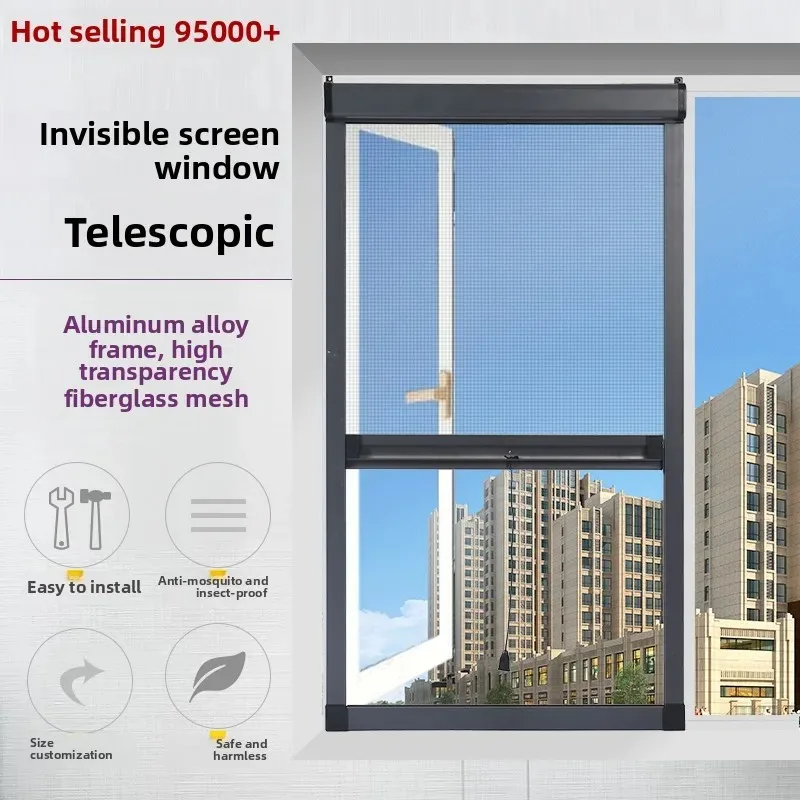 

Invisible telescopic push-pull type rewind bathroom aluminum alloy mosquito-proof roller shutter screen window net