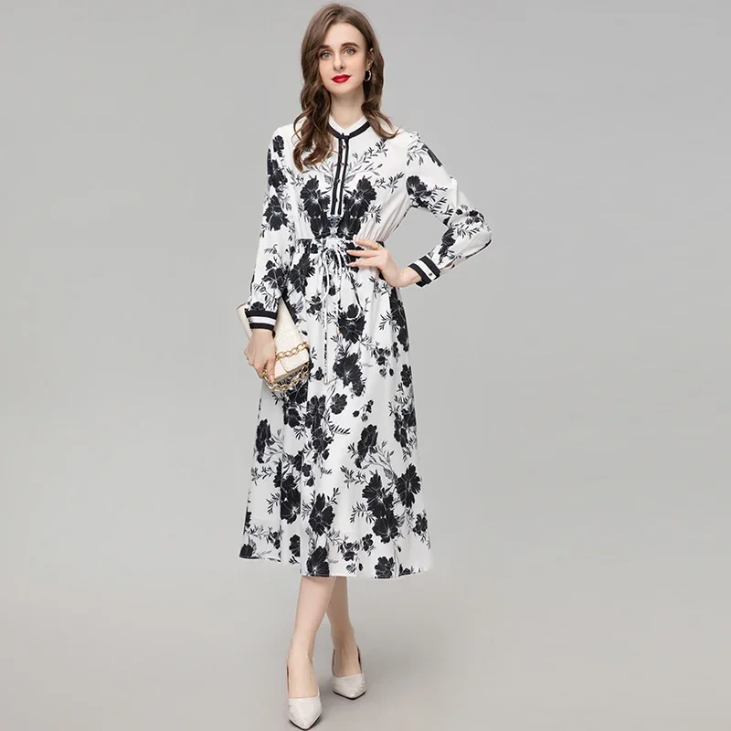 

Spring Fashion Designer Elegant Floral Print Dress Women Long Sleeve Elastic Waist Slim Midi Dress