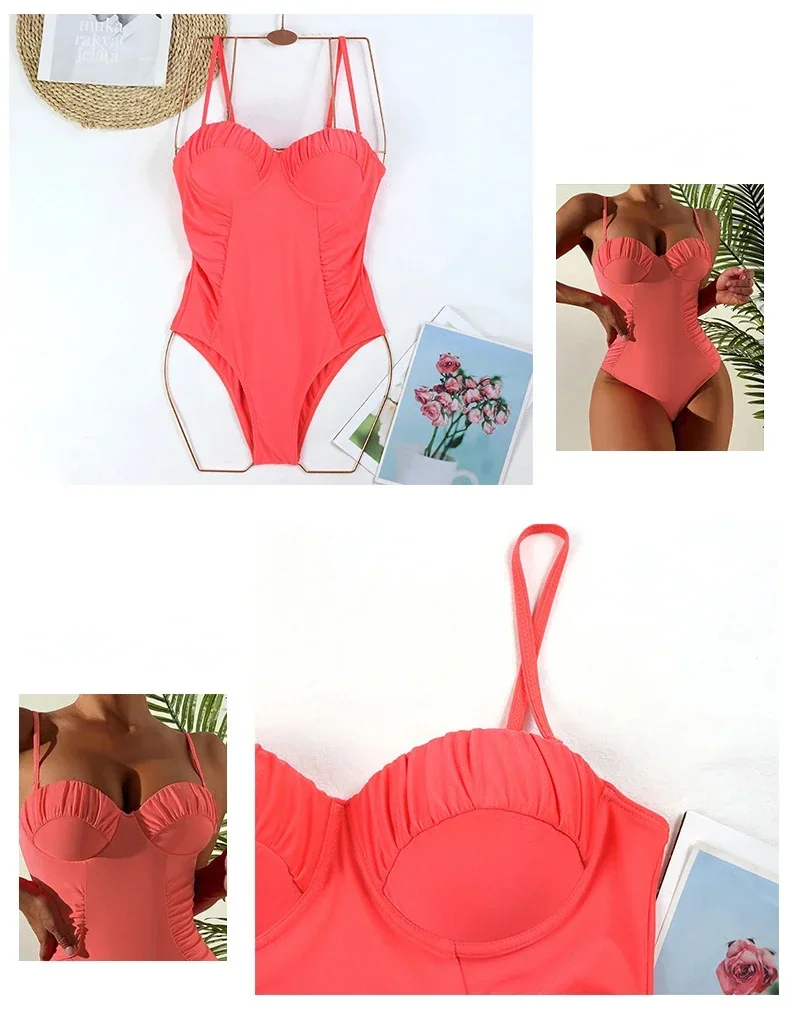 2023 New One Piece Swimsuit Swimwear Women Sexy Push Up Pleated Solid Bathing Suit Beachwear Maio Feminino Praia Banadores Mujer