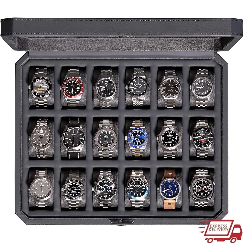 

18 Slot Watch Case Luxury Display Box Men Real Glass Top Lockable Watch Organizer Handmade Vegan Leather Microsuede Interior