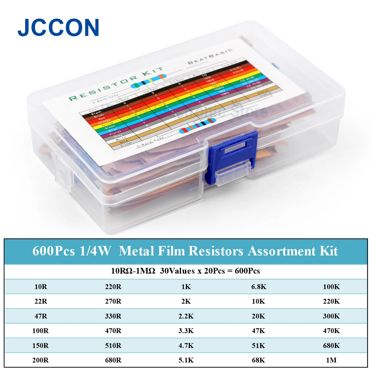 600Pcs 1/4W Metal Film Resistor Kit 30Values x 20Pcs 10RΩ-1MΩ Rang Carbon Film Metal Resistors Assortment Kit Set Resistor