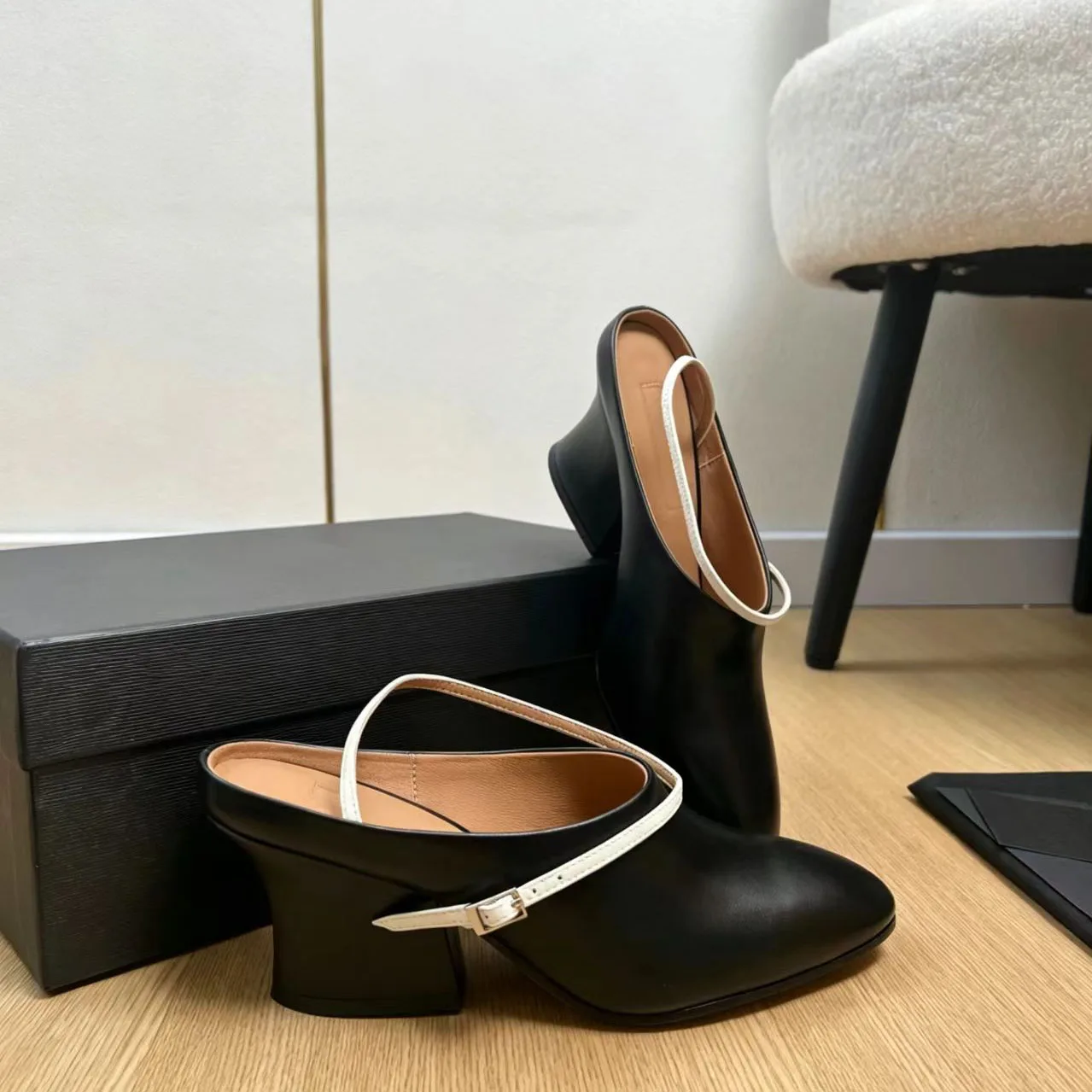 Picture 5: Women's Blue Black Leather Mules White Ankle Strap Sculpted Heel Shoes