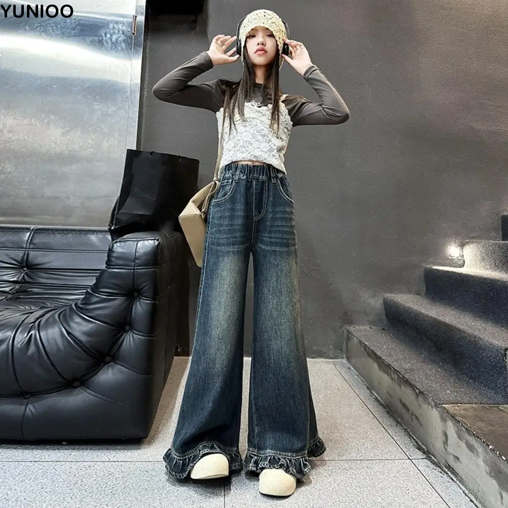 

Широкие брюки, джинсы для девочек-подростков, прямые длинные свободные детские джинсы с рюшами, уличная одежда с высокой талией, джинсовые брюки для девочек