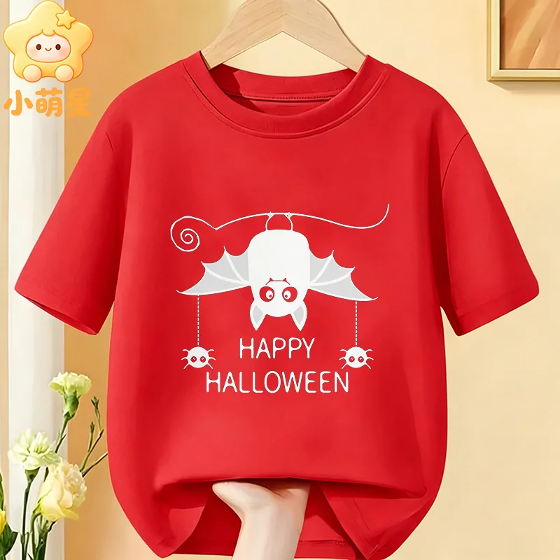Happy Halloween Cute Bat Spider Print Kids T‑Shirt Cotton Boys Girls Short Sleeve O‑Neck Casual Graphic Children Party Tee Top