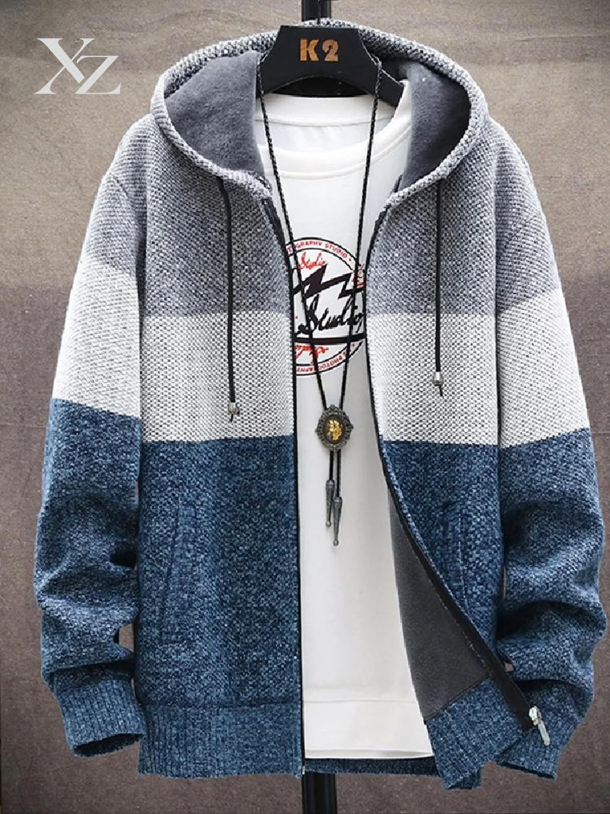 Color Block Knitted Jacket for Men Casual Hooded Open Cardigan Sweatshirt Loose Youth Winter Outerwear Polyester Long Sleeve