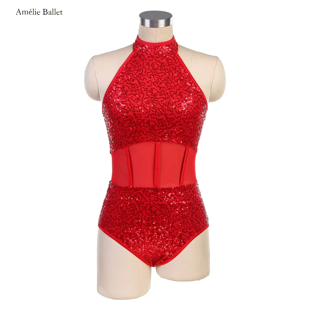 

24054 Halter Neck Design Girls & Women Red Sequin Spandex Bodice Ballet Leotard Jazz/Hip Hop/Tap Dance Costume