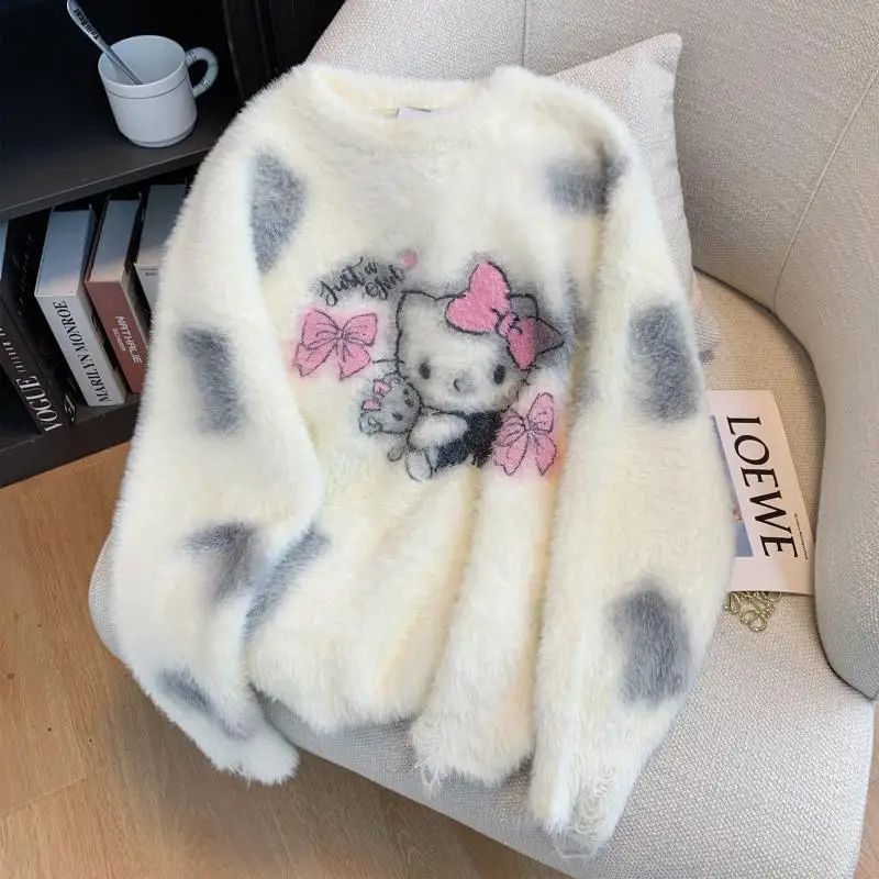 

Популярный свитер Sanrio Hello Kitty с длинными рукавами и рисунком Salty Sweet Girly, осенне-зимний модный универсальный свободный мягкий теплый костюм